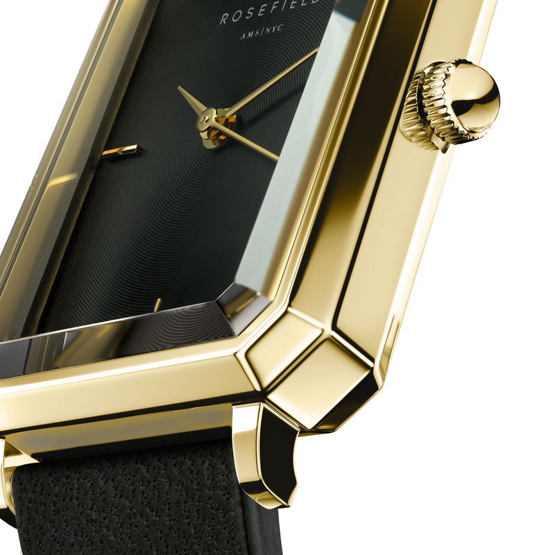 Rosefield The Octagon Black Sunray Black Leather Gold Watch OBSBG-O49