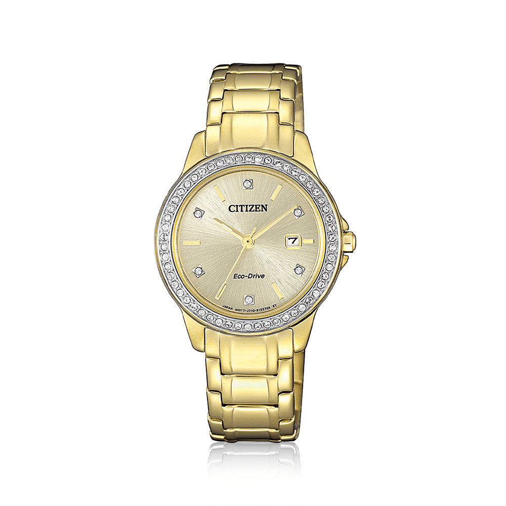 Citizen FE1172-55P champagne gold sunray dial with Swarovski crystal bezel surround and gold-tone bracelet, high-resolution front product shot