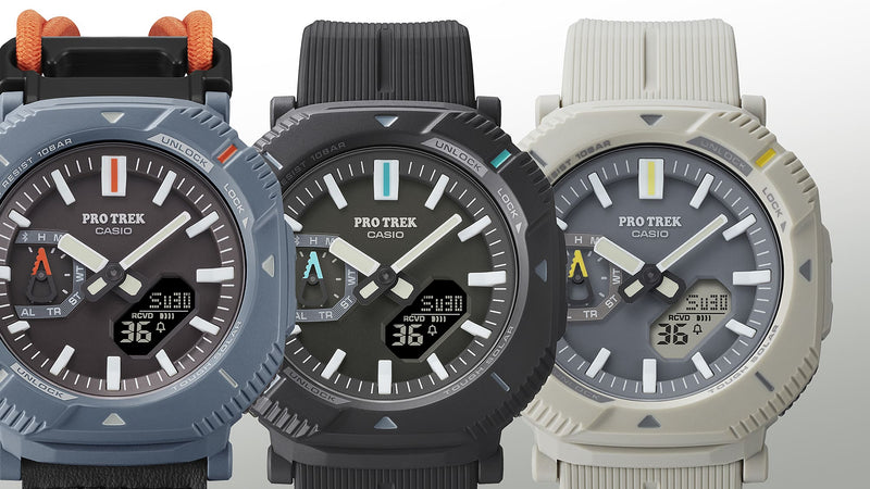 Casio ProTrek 超轻徒步手表，配备 DUO 太阳能和织物弹力表带 PRJB001B-2D