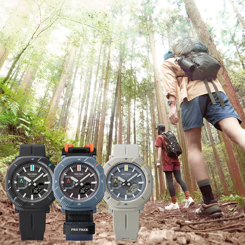 Casio ProTrek 超轻徒步手表，配备 DUO 太阳能和织物弹力表带 PRJB001B-2D