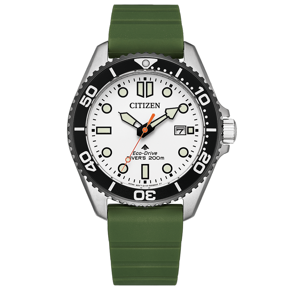 Citizen Promaster Diver BN0265-00A men's watch white dial olive green rubber strap front view