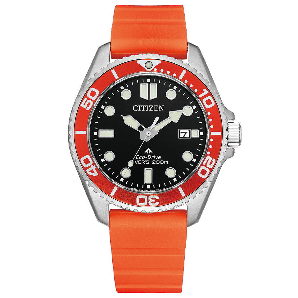 Citizen Promaster Diver BN0268-01E men's watch black dial orange rubber strap front view