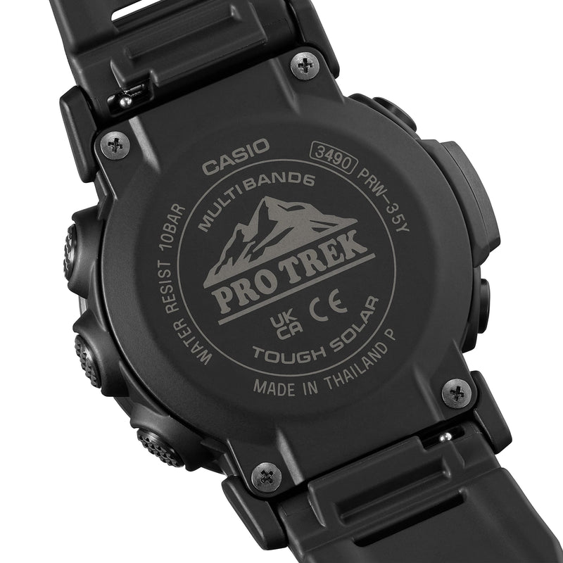 Back of a Casio Pro Trek digital watch with visible product details and branding.