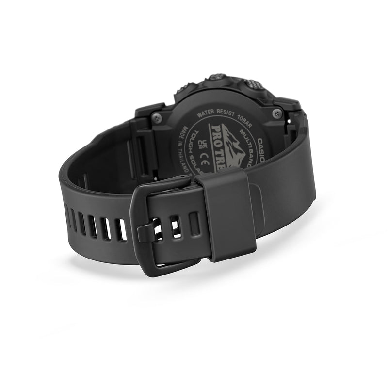 Black digital sports watch with a rugged design and wide rubber strap.