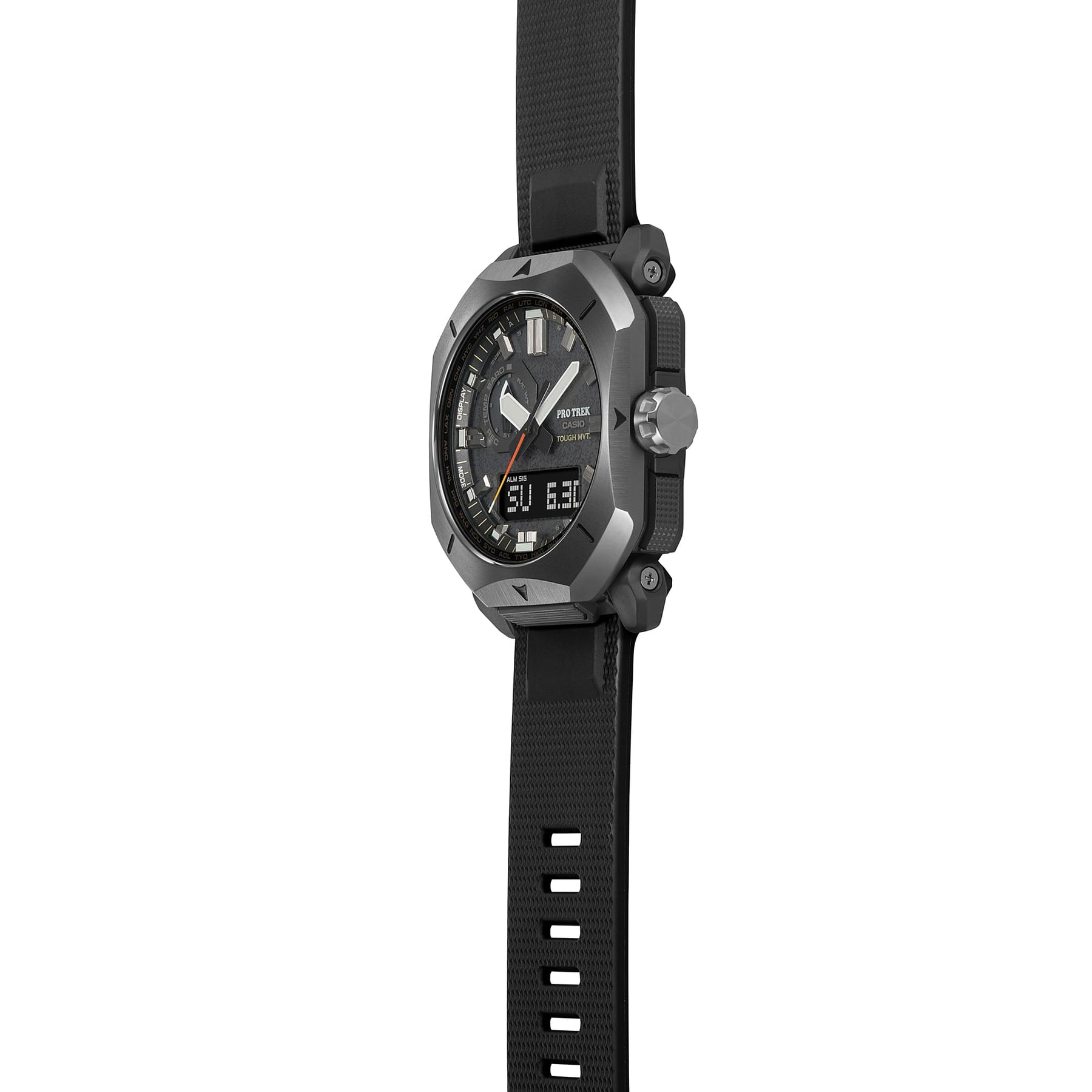 a close up of a watch on a white background
