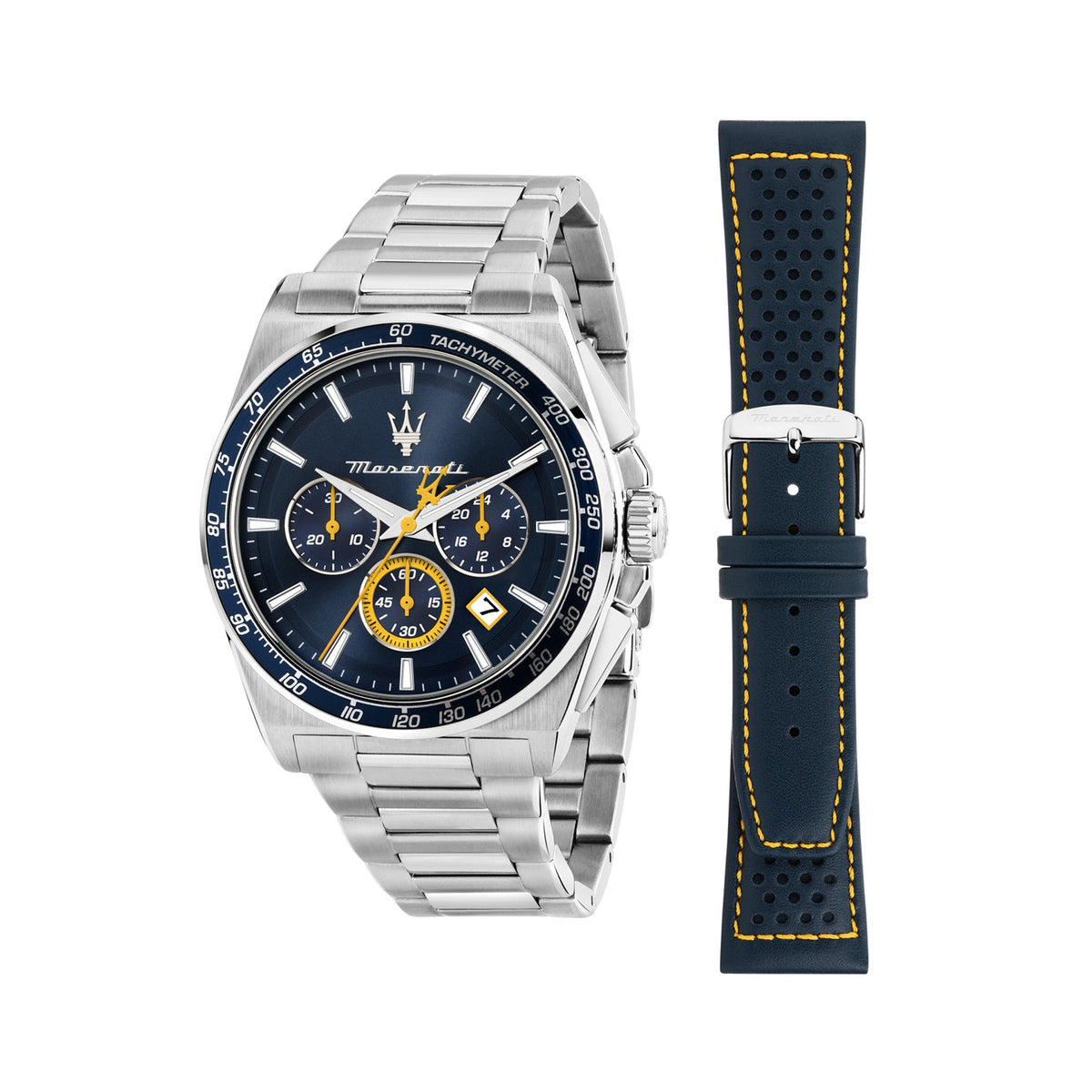 Maserati Velocita 43mm Chrono Blue Dial Stainless Steel Strap and Blue Leather Strap Watch