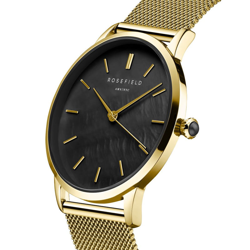 Rosefield Pearl Edit Mesh Black MOP Gold Watch RBGMG-R07