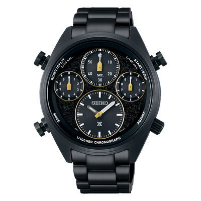 Black multi-dial chronograph wristwatch with yellow accents.