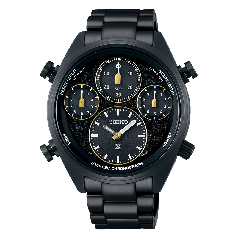 Black multi-dial chronograph wristwatch with yellow accents.