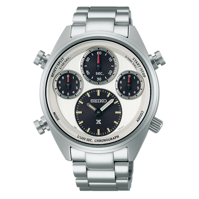 Seiko wristwatch with multiple dials and a silver metal band.