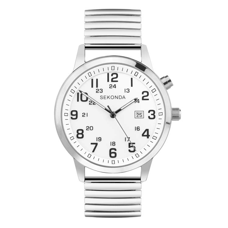 Silver wristwatch with a white face and expandable metal band.