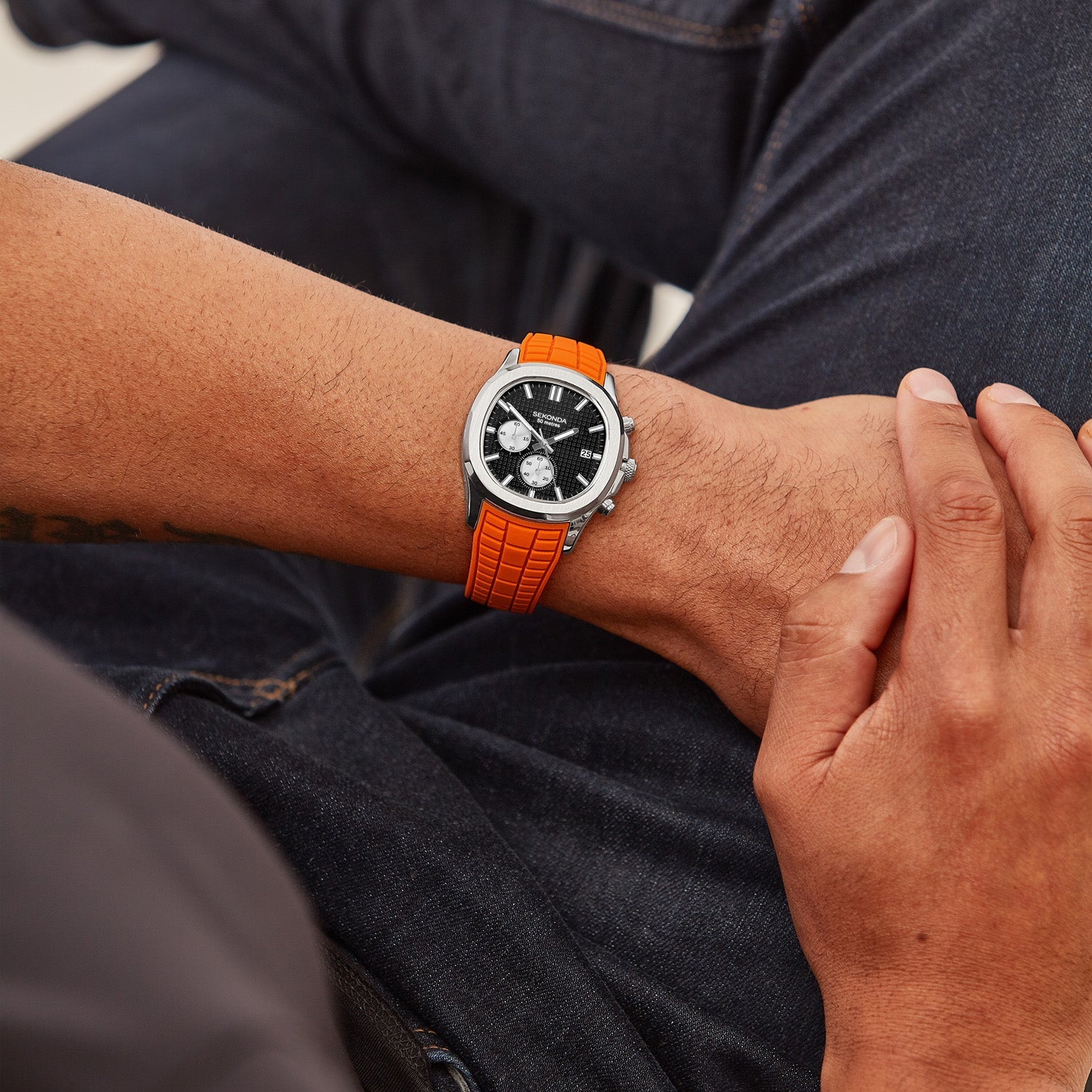 Sekonda Octaire Mens Black Dial Watch With Orange Silicone Strap 40mm