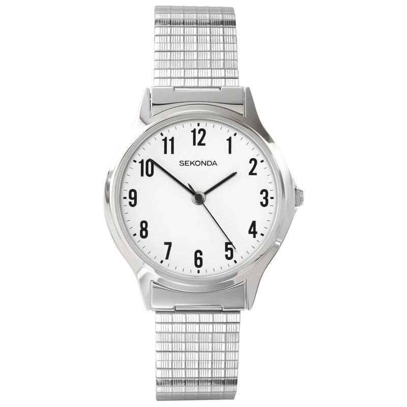 Silver analog wristwatch with a white face and expandable metal band.