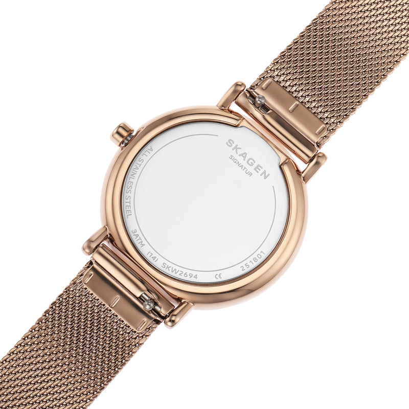 Skagen Signatur 女士超薄白色表盘和玫瑰金表带手表 SKW2694