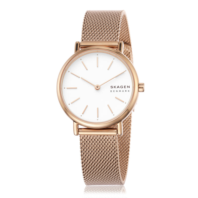 Skagen Signatur 女士超薄白色表盘和玫瑰金表带手表 SKW2694