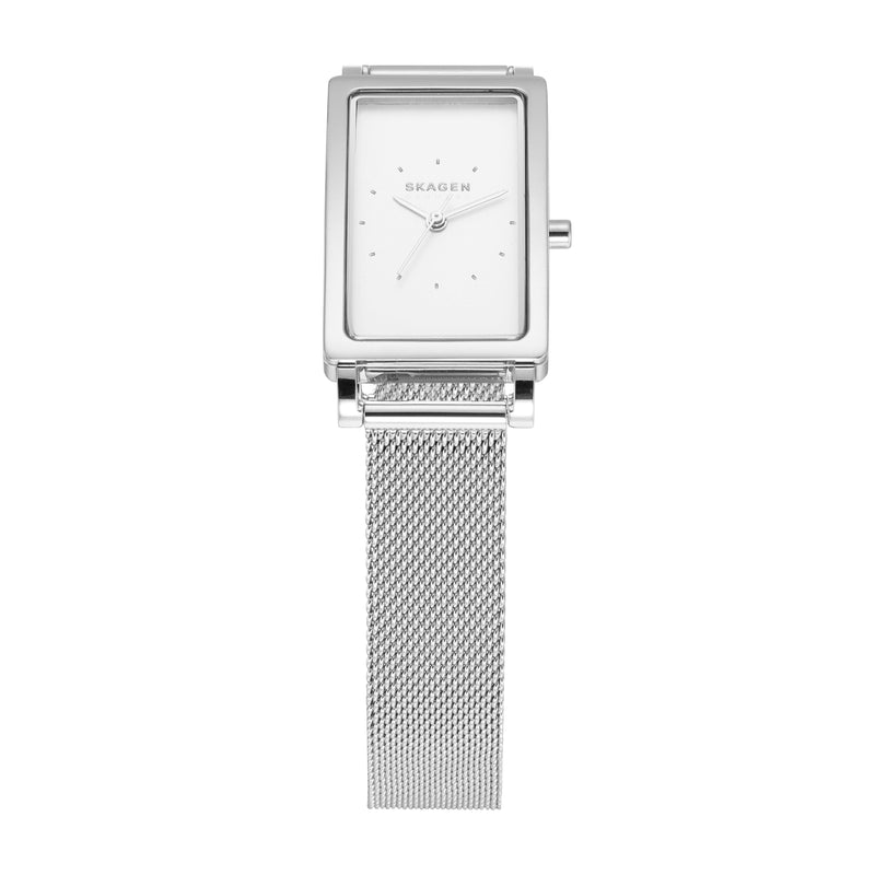 精致的 Skagen Hagen 不锈钢网状手表，配有矩形表盘和三针机芯 - 型号 SKW3096