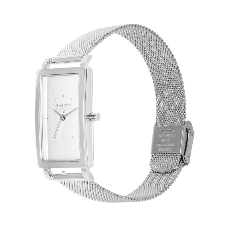 精致的 Skagen Hagen 不锈钢网状手表，配有矩形表盘和三针机芯 - 型号 SKW3096