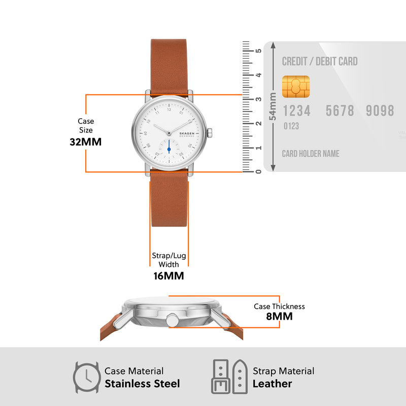 Skagen Kuppel Lille 优雅手表，配有简约的秒表盘和奢华的棕色皮革表带 - SKW3103