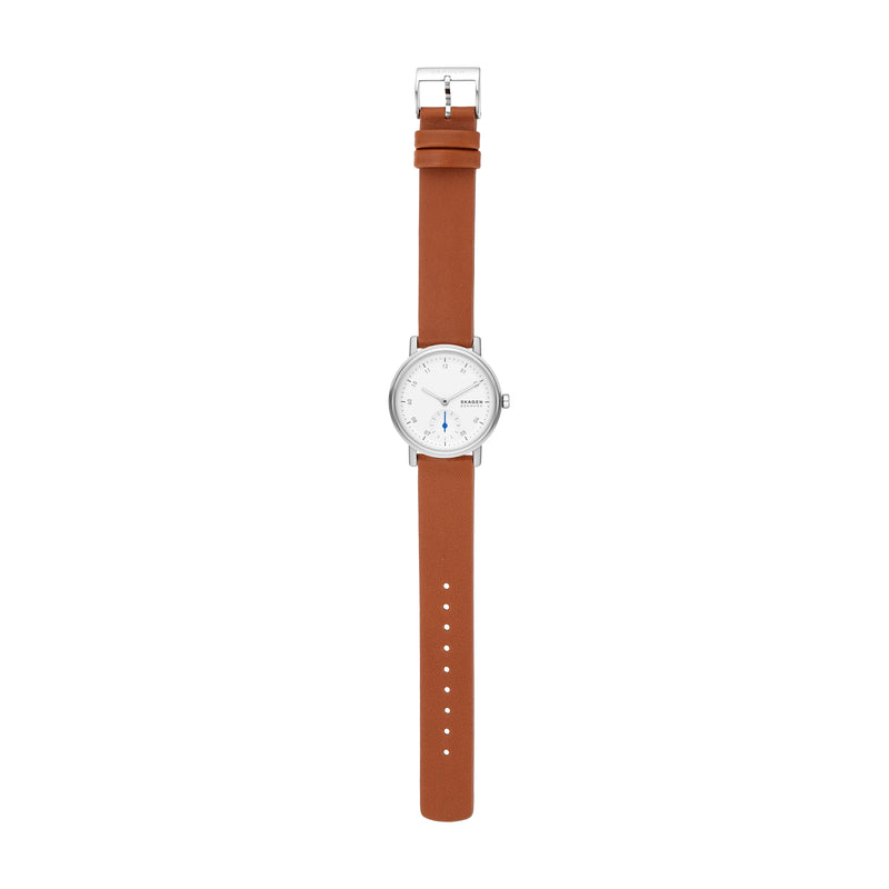 Skagen Kuppel Lille 优雅手表，配有简约的秒表盘和奢华的棕色皮革表带 - SKW3103