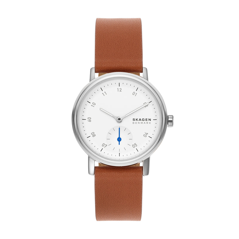 Skagen Kuppel Lille 优雅手表，配有简约的秒表盘和奢华的棕色皮革表带 - SKW3103