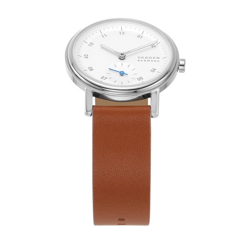 Skagen Kuppel Lille 优雅手表，配有简约的秒表盘和奢华的棕色皮革表带 - SKW3103