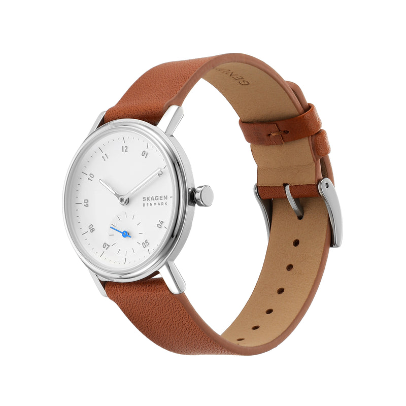 Skagen Kuppel Lille 优雅手表，配有简约的秒表盘和奢华的棕色皮革表带 - SKW3103