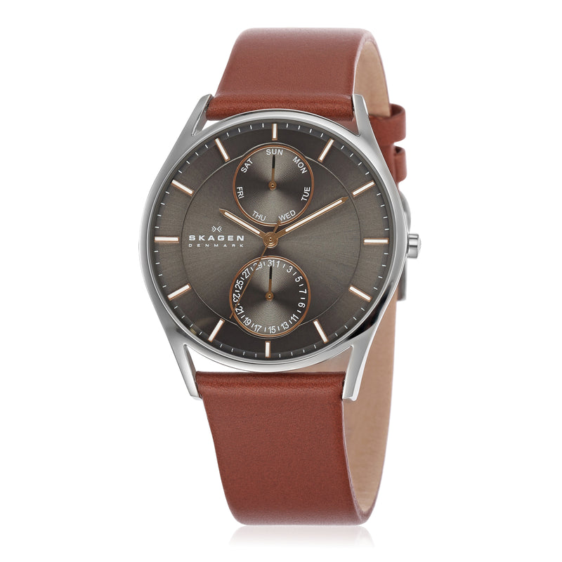 Wristwatch with a brown leather strap and gray dial face.