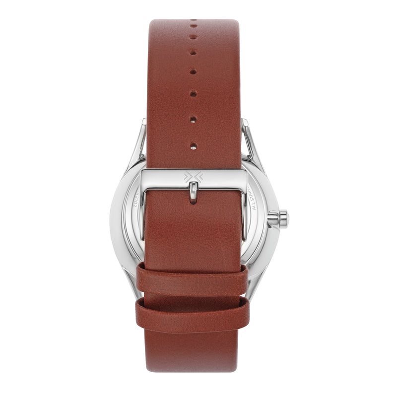 Wristwatch with a brown leather strap and silver-toned case.