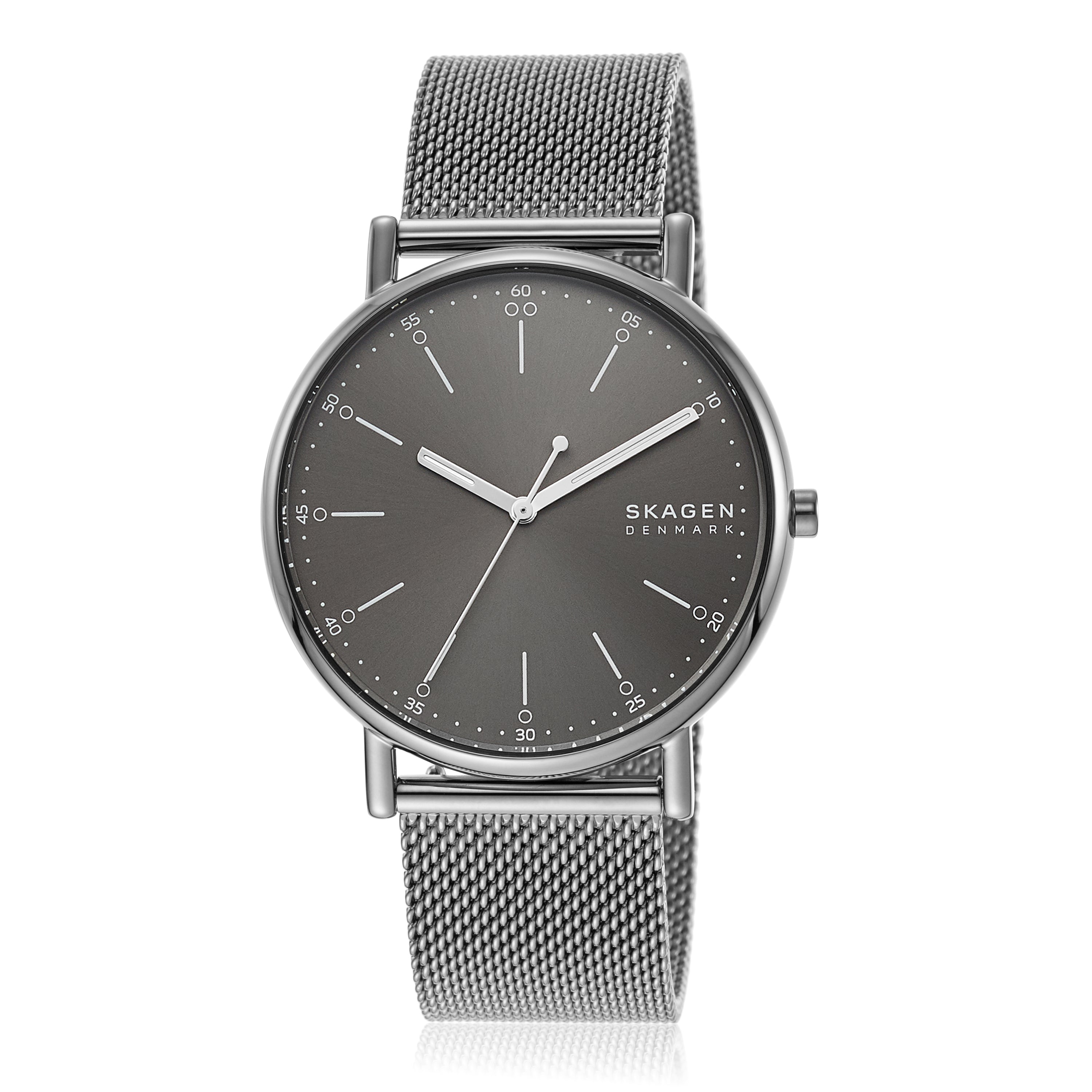 Sleek silver wristwatch with a gray dial and mesh metal band.