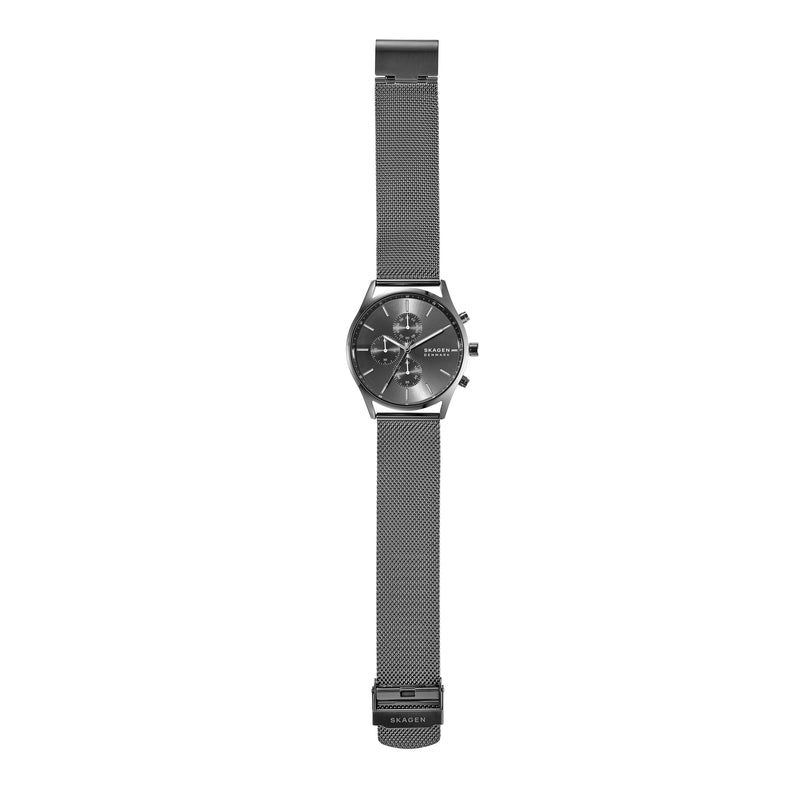 精致的 Skagen Holst 计时码表 SKW6608，采用青铜色钢网，防水深度 30 米