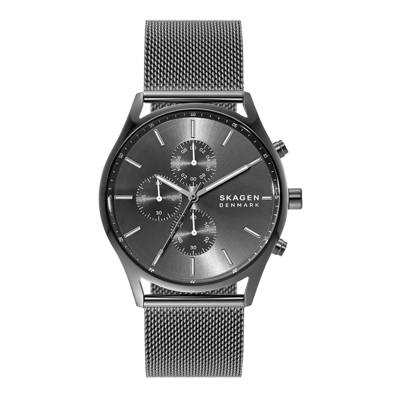 精致的 Skagen Holst 计时码表 SKW6608，采用青铜色钢网，防水深度 30 米