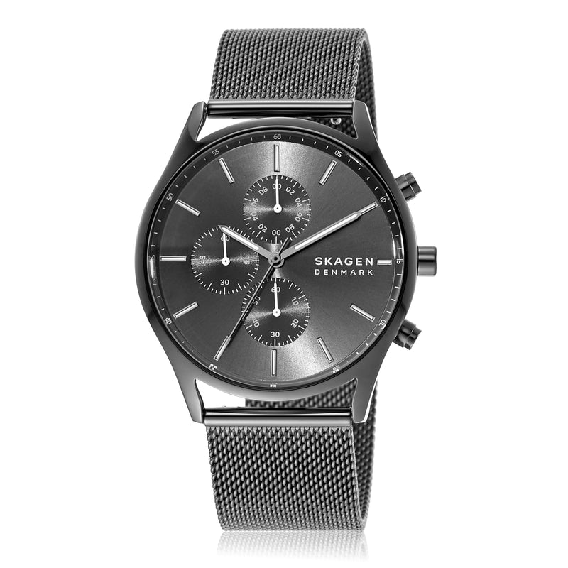 精致的 Skagen Holst 计时码表 SKW6608，采用青铜色钢网，防水深度 30 米