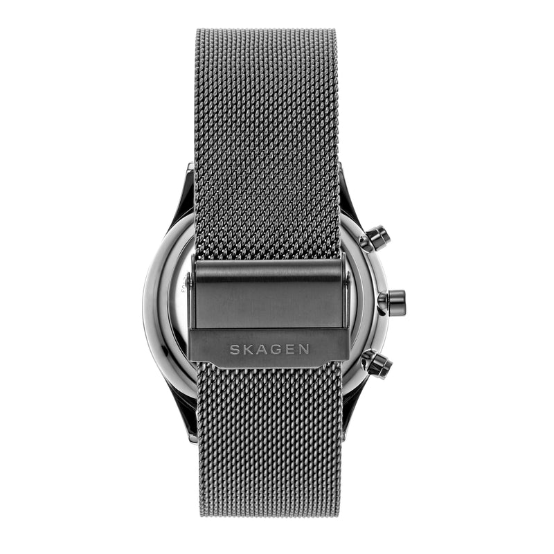 精致的 Skagen Holst 计时码表 SKW6608，采用青铜色钢网，防水深度 30 米