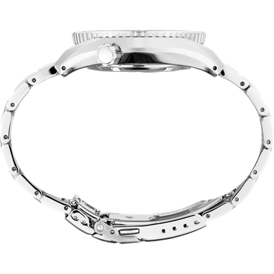 Silver wristwatch with a metal link bracelet and round face.