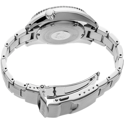 Stainless steel wristwatch with a metal bracelet and rotating bezel.