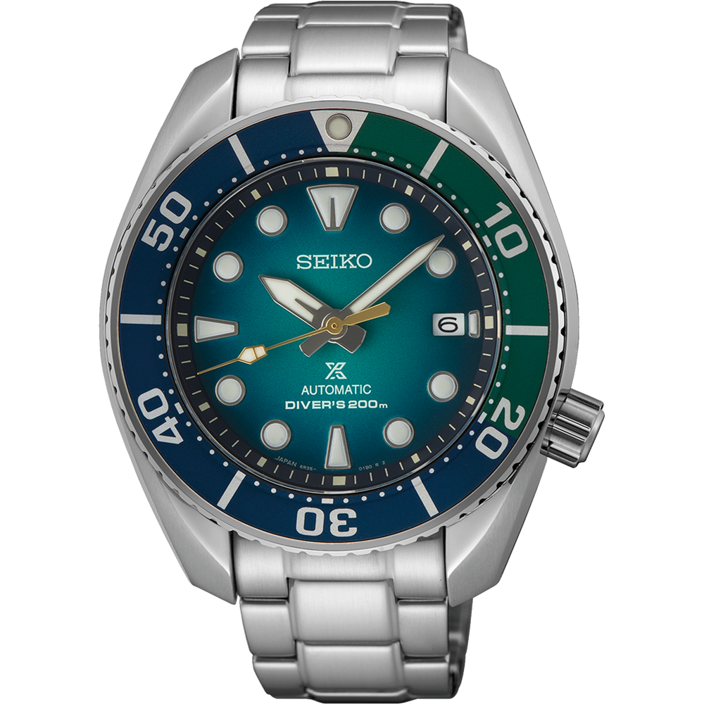 Seiko Prospex diver’s watch with a blue and green bezel and teal dial.