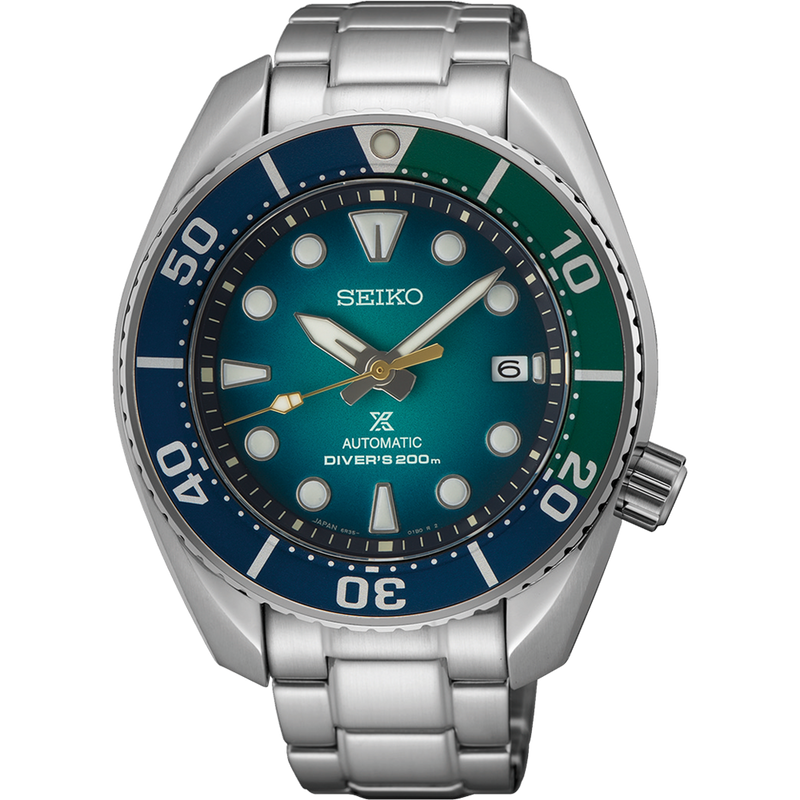 Seiko Prospex diver’s watch with a blue and green bezel and teal dial.