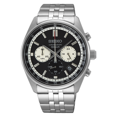 Stainless steel Seiko chronograph wristwatch with a black dial and silver subdials.