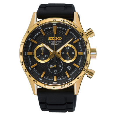 Gold-toned Seiko chronograph wristwatch with a black dial and rubber strap.