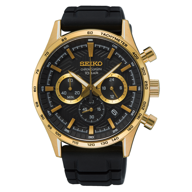 Gold-toned Seiko chronograph wristwatch with a black dial and rubber strap.