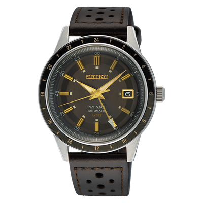 Seiko Presage automatic wristwatch with a black dial and perforated leather strap.