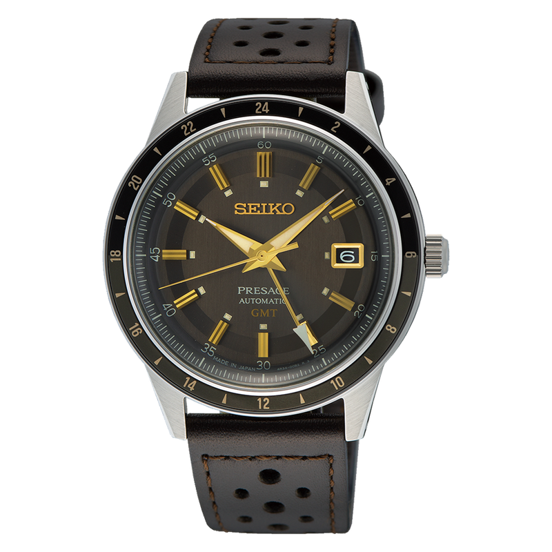 Seiko Presage automatic wristwatch with a black dial and perforated leather strap.