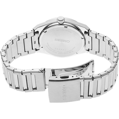 Silver metal wristwatch with a linked bracelet band.