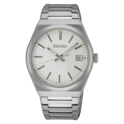 Stainless steel Seiko wristwatch with a white dial and date display.