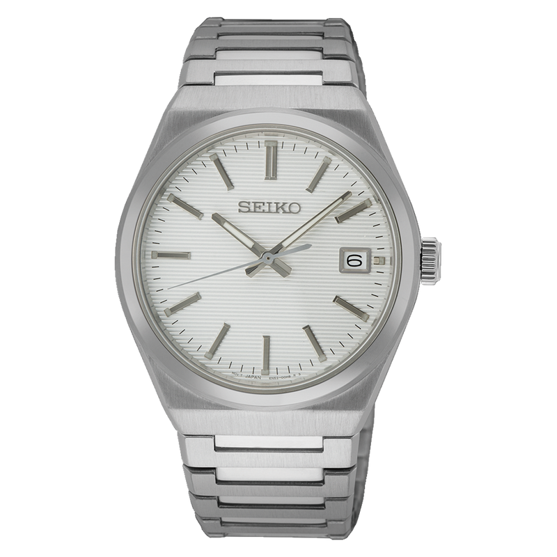 Stainless steel Seiko wristwatch with a white dial and date display.