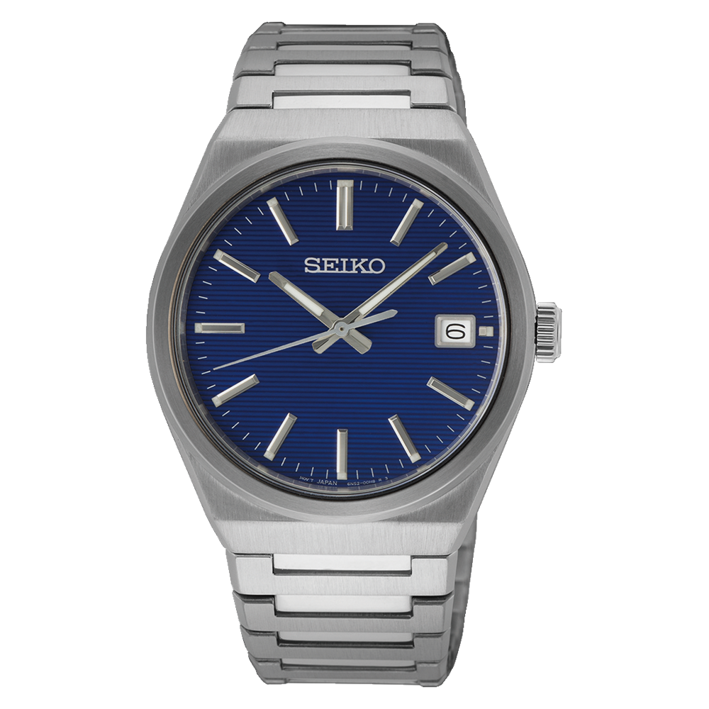 Seiko wristwatch with a blue dial and silver metal bracelet.