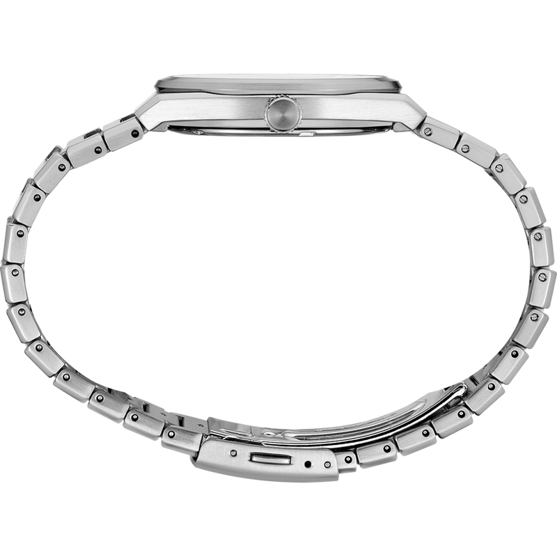 Silver wristwatch with a metal link bracelet and round face.