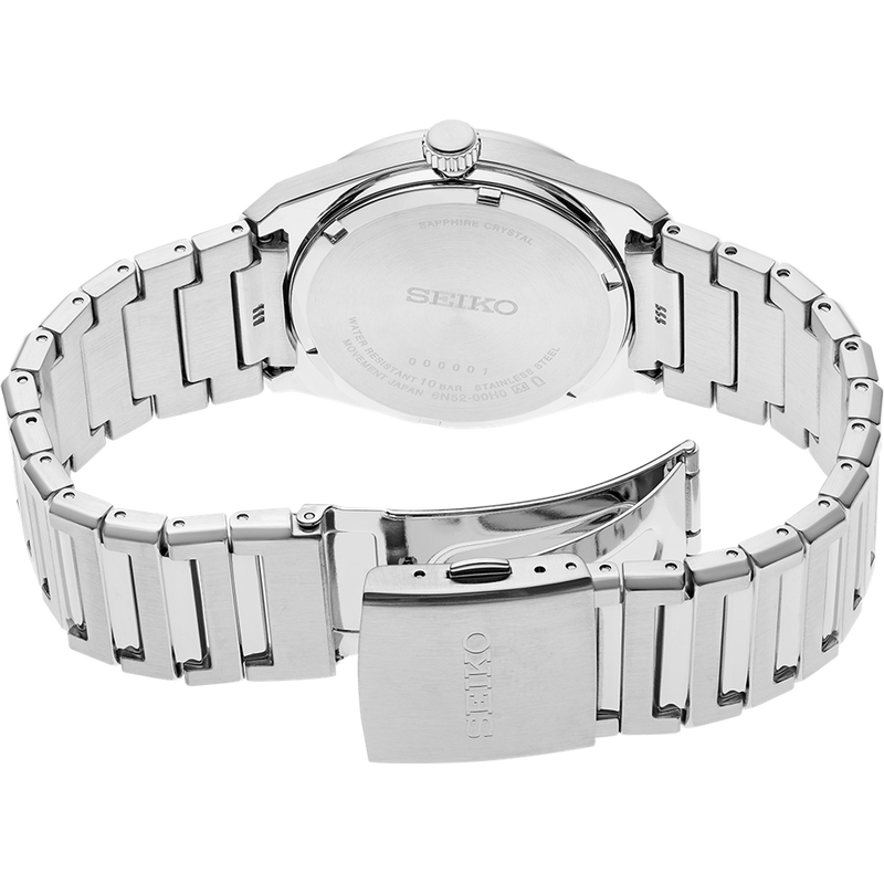 Silver metal wristwatch with a linked bracelet band.