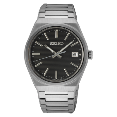 Seiko wristwatch with a black dial and silver metal bracelet.