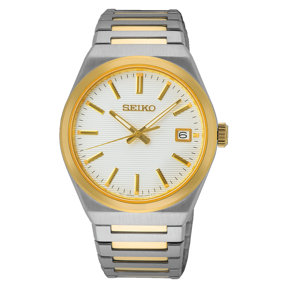Seiko wristwatch with a two-tone silver and gold metal bracelet and round face.